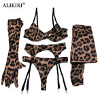 5Pcs Leopard Lingerie Set With Garter Belt Stockings Gloves Mesh Bra and Panty Set Strappy Underwear Erotic Costume For Women