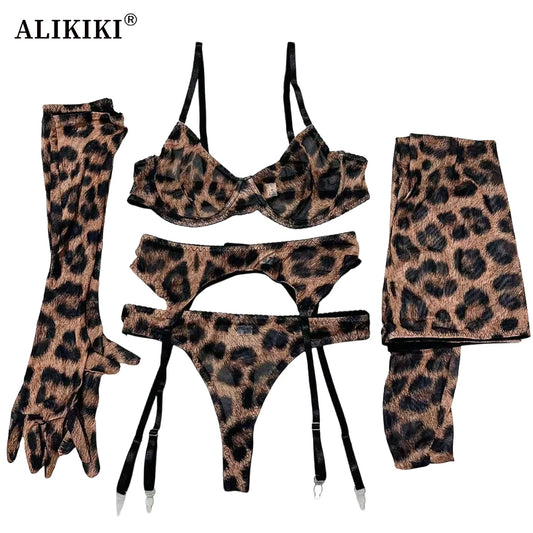 5Pcs Leopard Lingerie Set With Garter Belt Stockings Gloves Mesh Bra and Panty Set Strappy Underwear Erotic Costume For Women