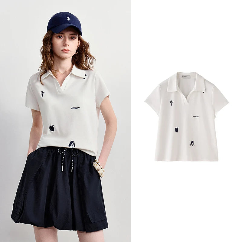 TOYOUTH Women Polo T-Shirt 2026 Summer Joint Name with Gongchangzhang Embroidered V-Neck Age-Reducing Trendy Tops