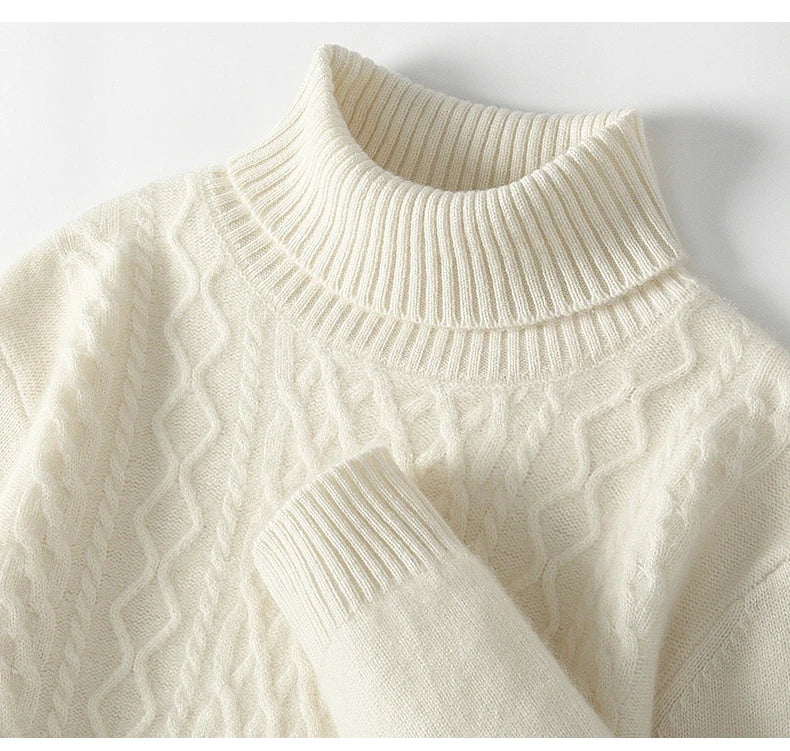 Fall/Winter 100% Wool Men's Turtleneck Thicken Sweater Jacquard Solid Cashmere Knitted Bottom Shirt