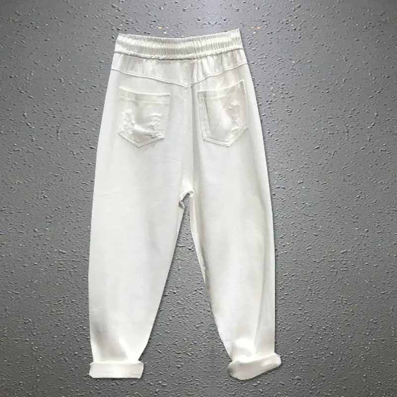 Women's Spring And Summer Personality Color Sequins Ripped Jeans New Drawstring Loose Straight Streetwear Denim Harem Pants