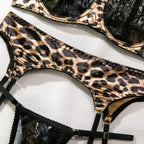 Krasapt Sexy Leopard Printing Lace Patchwork Women Lingerie 3Pcs Sets Romantic Mesh Perspective Intimates Underwear Erotic Set