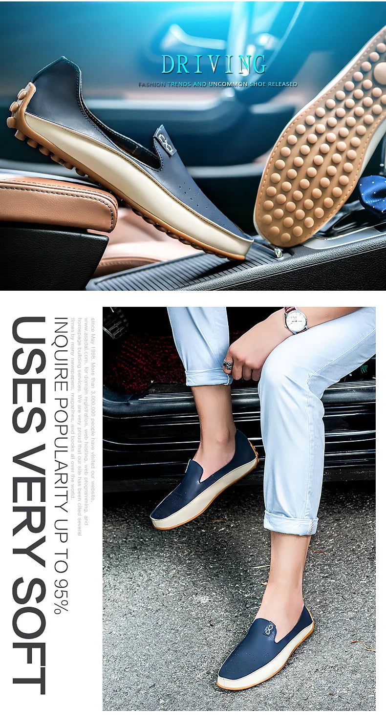 Summer Men Casual Flats Fashion Genuine Leather Soft Moccasins Brand Loafers High Quality Breathable Men Dress Shoes Size 36-47