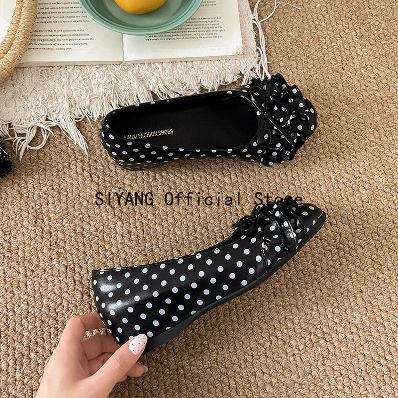 Polka Dot Mary Jane Shoes Women Sweet Ruffle Internal Elevation Shoes Ladies Soft Sole Slip On Daily Comfort Dress Footwear