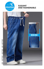 8XL Elastic Waist Men's Jeans, Loose Straight Leg Stretch Denim Pants, Plus Size Casual Streetwear, Big Size Relaxed Fit Trouser