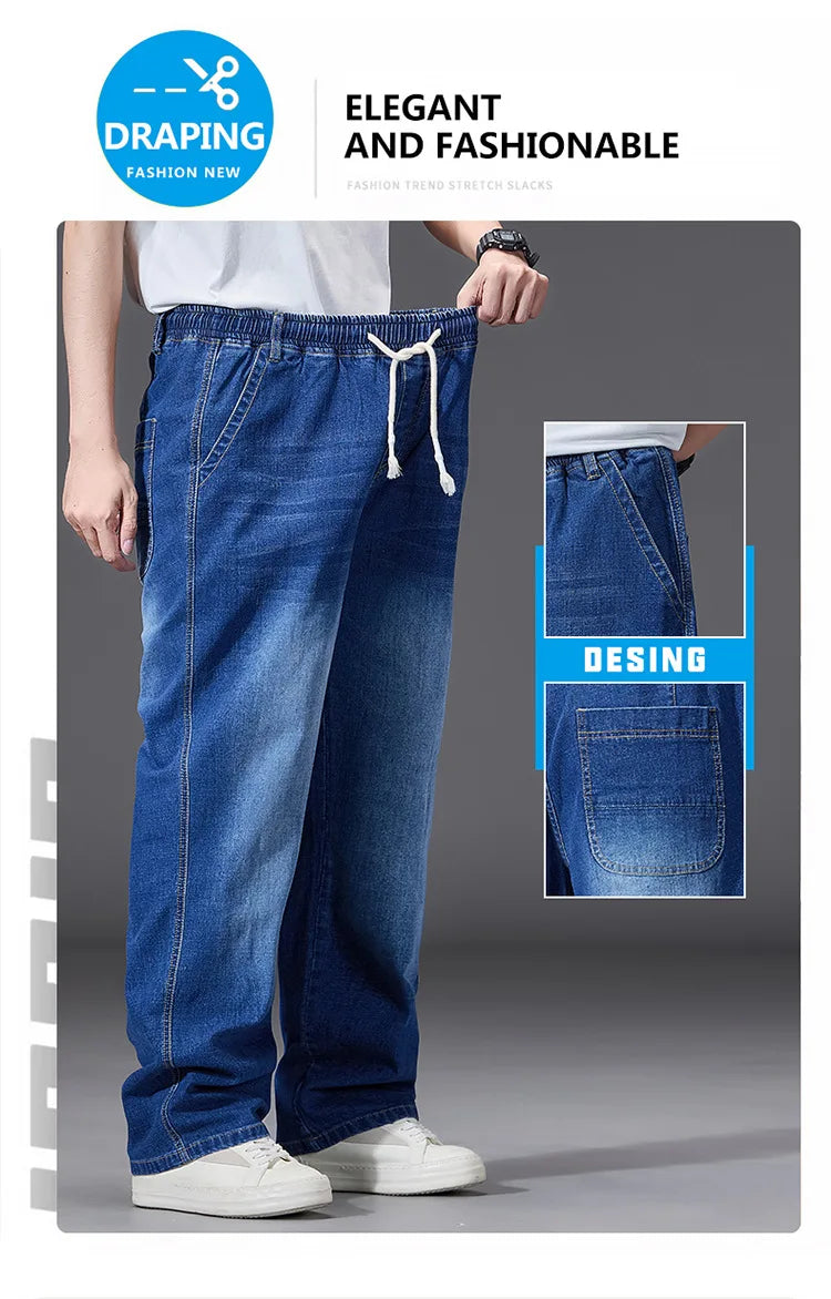 8XL Elastic Waist Men's Jeans, Loose Straight Leg Stretch Denim Pants, Plus Size Casual Streetwear, Big Size Relaxed Fit Trouser