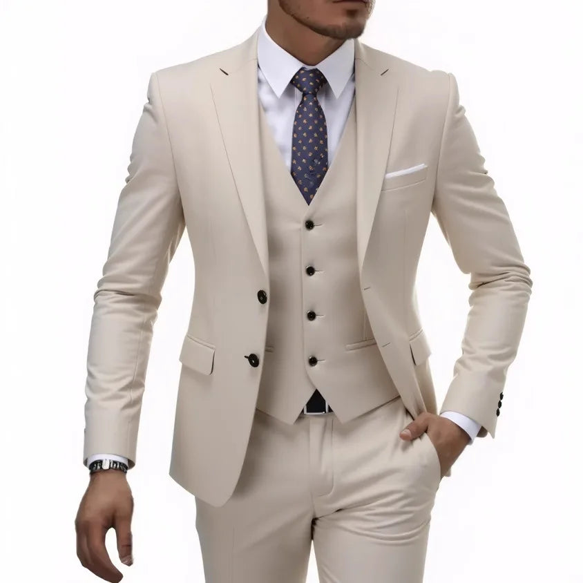 13 Color Basic Style Men's Casual Solid Color 3 Pieces Suits / Male Two Button Blazers Jacker Coat Trousers Pants Vest Waistcoat