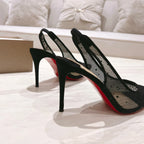 New full diamond hot stamping mesh back empty sandals for women with slim heels and pointed, sweet and breathable high heels