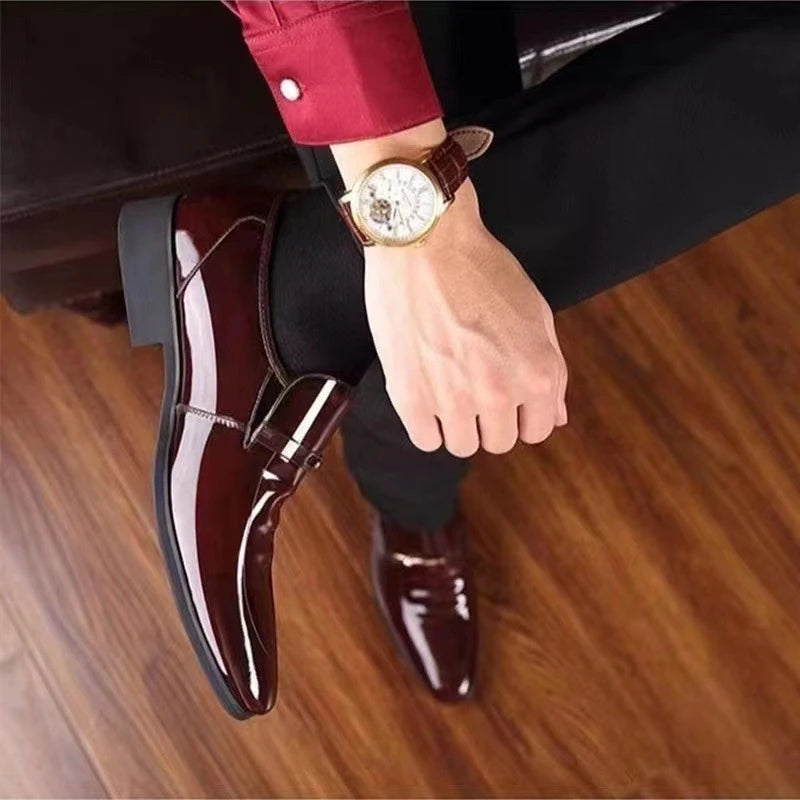 Mens Formal Wine Red Patent Leather Loafers Pointed Toe Slip On Shoes Hollow Out Non SlipBreathable Design Metal Buckle Decor