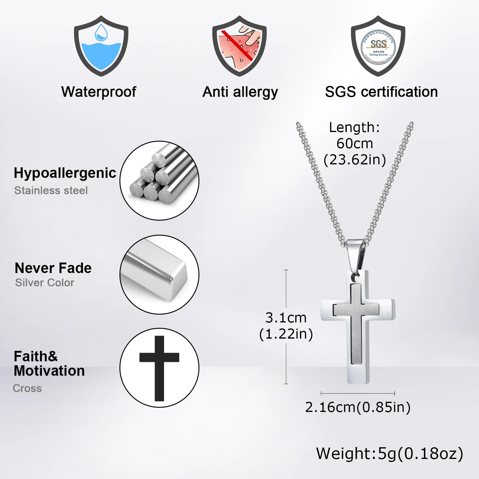 Cross Pendant Necklaces for Men Boys,Waterproof Stainless Steel Necklace,Christian Religious Faith Prayer Jewelry Gift