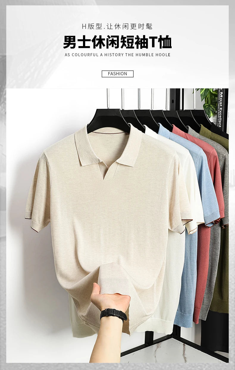 100%  Lyocell Knitwear 2025 Men Spring Summer Trendy Turn Down Collar Knit Tees Short Sleeve Breathable Knit Tops