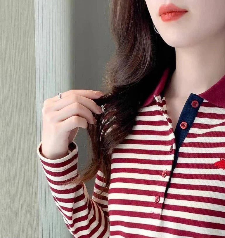 Korean Slimming Polo T-Shirt Women 95% Cotton Loose Fit Long Sleeve Streetwear for Autumn Winter Casual Outfits