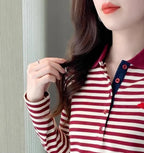 Korean Slimming Polo T-Shirt Women 95% Cotton Loose Fit Long Sleeve Streetwear for Autumn Winter Casual Outfits