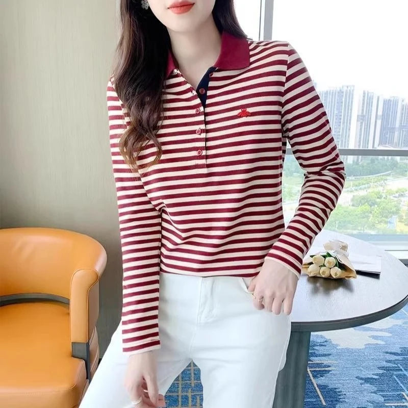Korean Slimming Polo T-Shirt Women 95% Cotton Loose Fit Long Sleeve Streetwear for Autumn Winter Casual Outfits