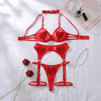 Ellolace Tempted Women's Lingerie Sets Daring Heart Rhinestone Bra Belt Thong 3PC with Choker Leg Circles Intimate Miss Outfits