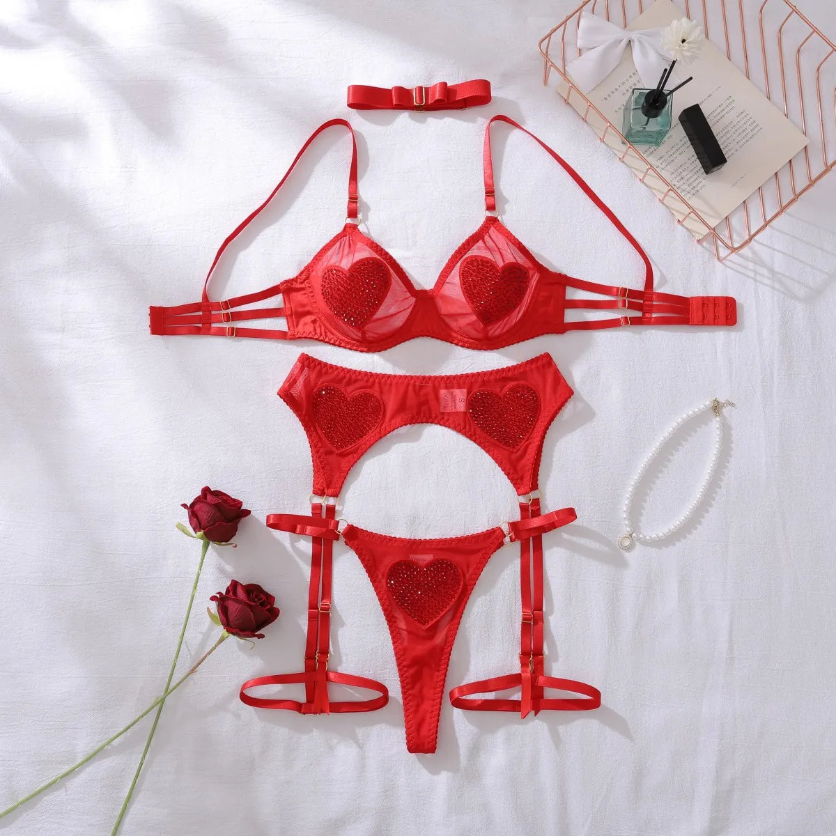 Ellolace Tempted Women's Lingerie Sets Daring Heart Rhinestone Bra Belt Thong 3PC with Choker Leg Circles Intimate Miss Outfits