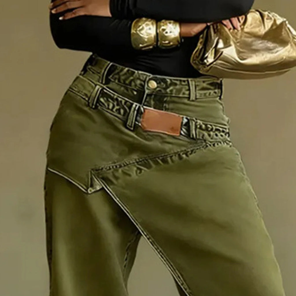 Women's Vintage Asymmetric Overlay Patch Jeans High Waist Washed Denim Jogger Pants Loose Wide Leg Streetwear Casual Trousers