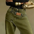 Women's Vintage Asymmetric Overlay Patch Jeans High Waist Washed Denim Jogger Pants Loose Wide Leg Streetwear Casual Trousers