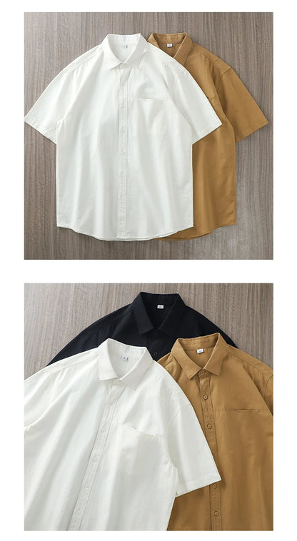 Dukeen Heavyweight Short-Sleeved Shirt Men's Summer Solid Color Lapel Pocket Casual Shirt Cotton White Shirts