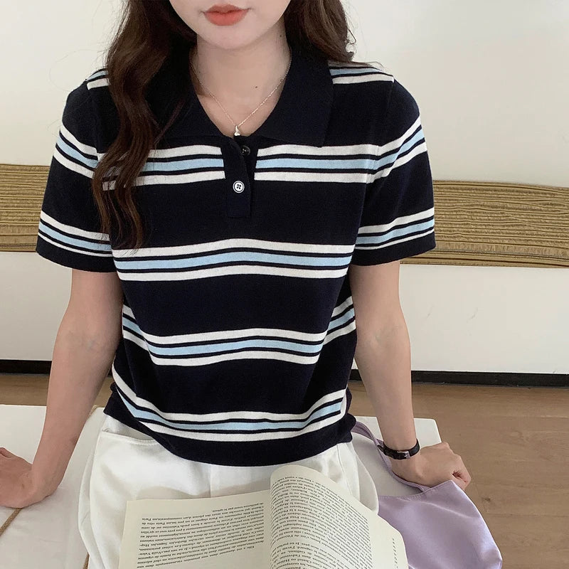 WinvyNee Summer Top Women's 100% Cotton Striped Polo T Shirt Women's Clothing Short Sleeve Casual Oversized Pullover A1522077