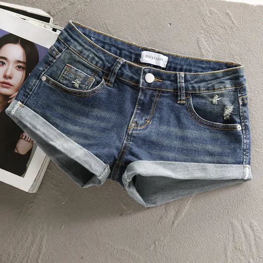 Low Waist Y2k Shorts Denim Slim Stretch Hip Sexy Super Short 2026 Summer Micro Mini Curled Booty Shorts