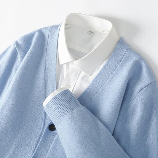 100% Pure Wool Sweater Autumn Winter New Men's Cardigan V-Neck Buckle Jacket Loose Casual Cashmere Knitted Sweater Long Sleeveds