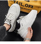 2026 Summer Men's White Platform Sneakers Leather Casual Shoes Thick Sole Streetwear Trendy Footwear
