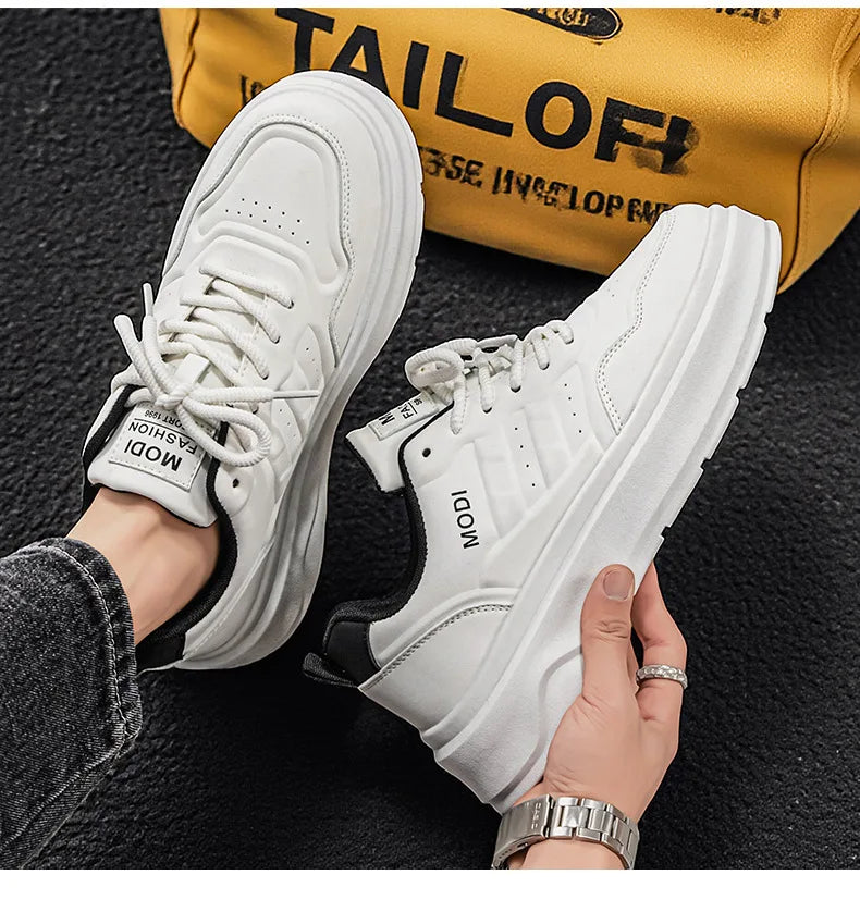 2026 Summer Men's White Platform Sneakers Leather Casual Shoes Thick Sole Streetwear Trendy Footwear