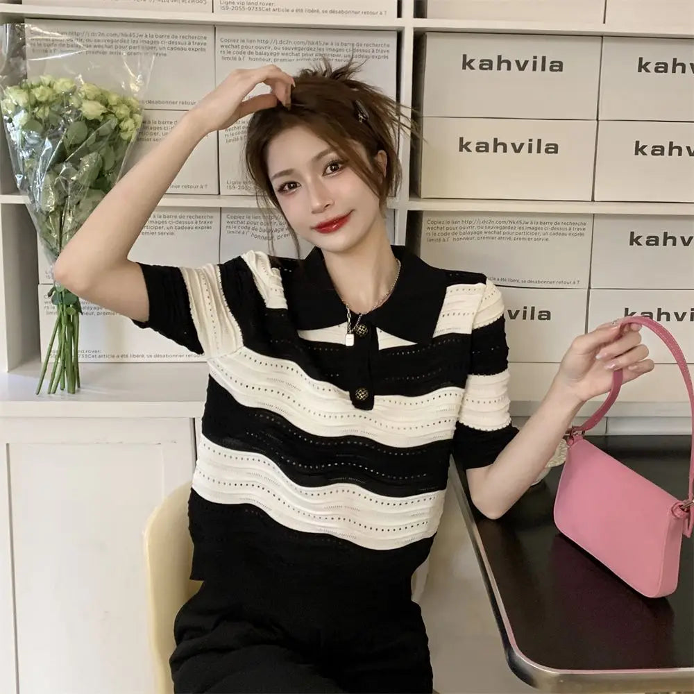 POLO Hollow Out Breathable Short Sleeve T Shirt Knit Striped Crop Top Aesthetic Clothing Summer Blouses For Women