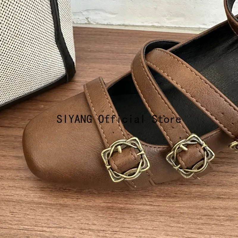 Sweet Lolita Cross Buckle Strap Women Mary Jane Shoes Fashion Multi Metal Buckle Shoes Retro Wedding Party Dress Ladies Pumps