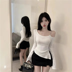 Pure And Elegant Irregular-necked Off-the-shoulder Tight T-shirt For Women