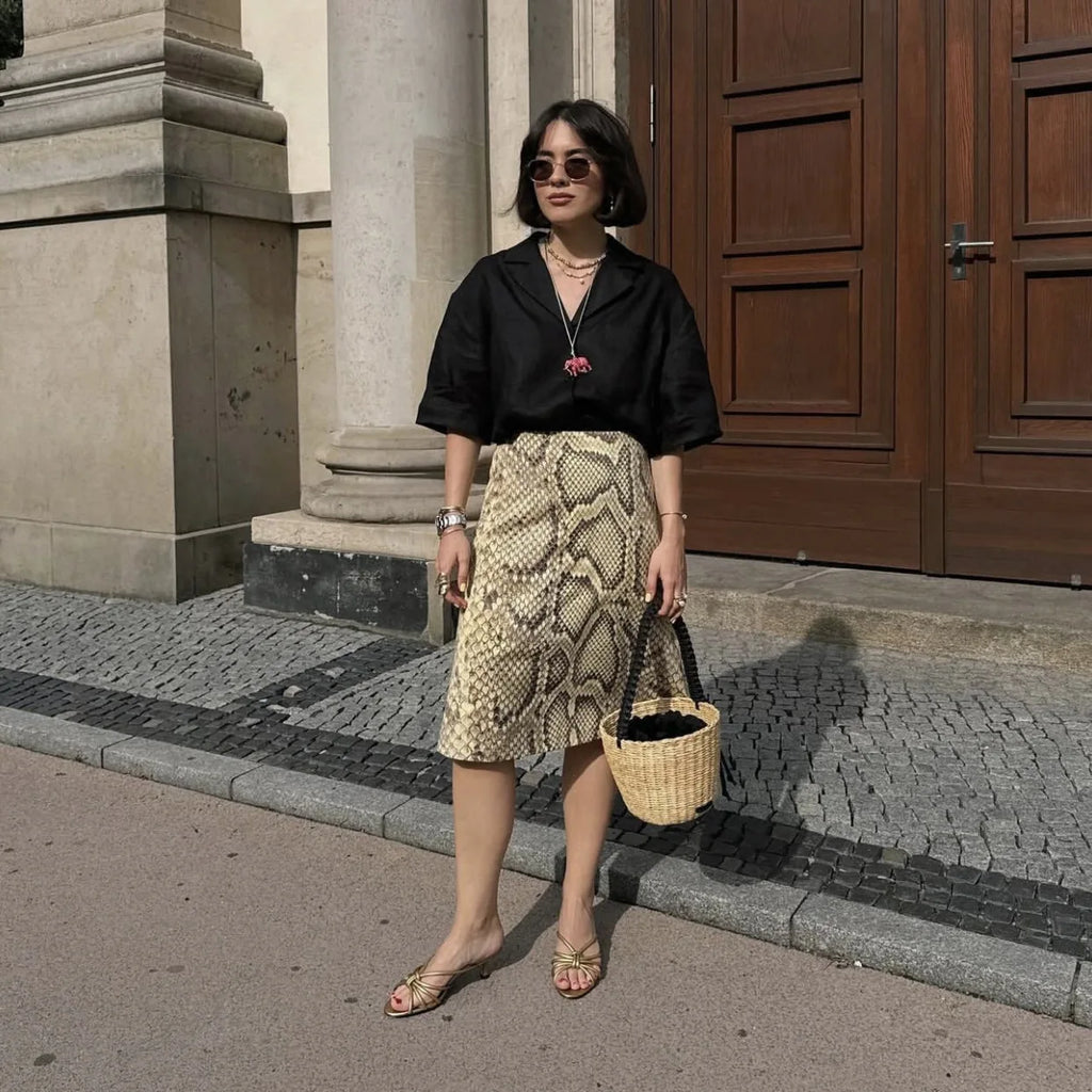 Tossy Snakeskin Printed Fashion Skirt Women's High Waist Slim Contrast Patchwork Commute Streetwear Female Vintage Y2k Skirt