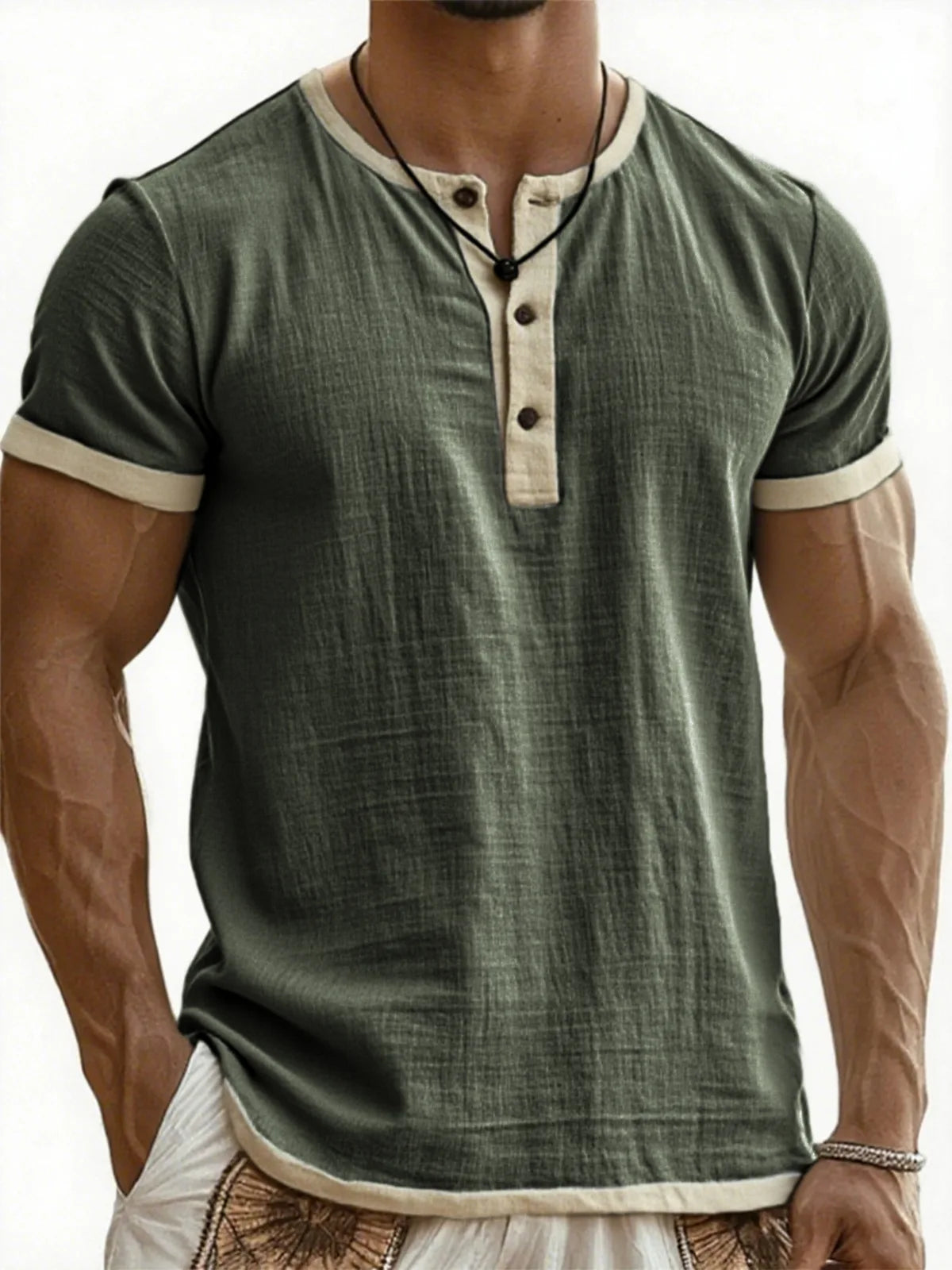 Summer New Men's Cotton Linen Shirt Casual Contrast Trim Short Sleeve Top Breathable Comfort Slim Fit Sports Casual Shirt