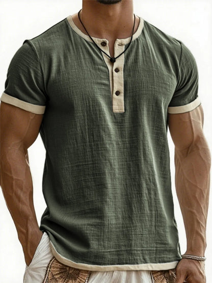 Summer New Men's Cotton Linen Shirt Casual Contrast Trim Short Sleeve Top Breathable Comfort Slim Fit Sports Casual Shirt