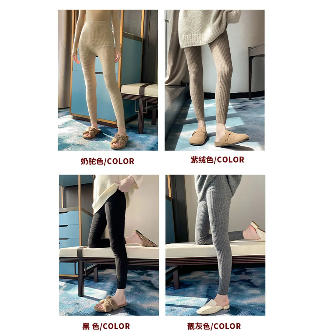 Autumn Winter 100% Merino Wool Leggings for Women Thickening Leggings Small Feet Pencil Pants Outdoor Casual Stretchy Pants