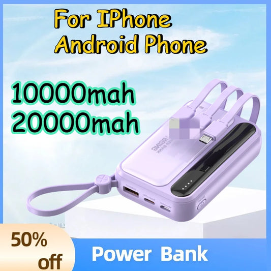 10000/20000mah Power Bank  4 in1 Built in Cables Intelligent Digital Display Light Portable Battery for IPhone Android Phone