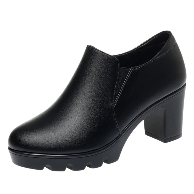 Round Toe Deep Mouth Single Shoes High Heels Thick Heels Versatile Spring Autumn Thick Sole Waterproof Platform Leather Shoes