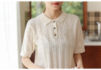 New Summer Fashion 100% Cotton Women Hollow-out Sweater T-shirt Short-sleeve Polo Collar Pullover Tees Korea Casual Knitted Tops