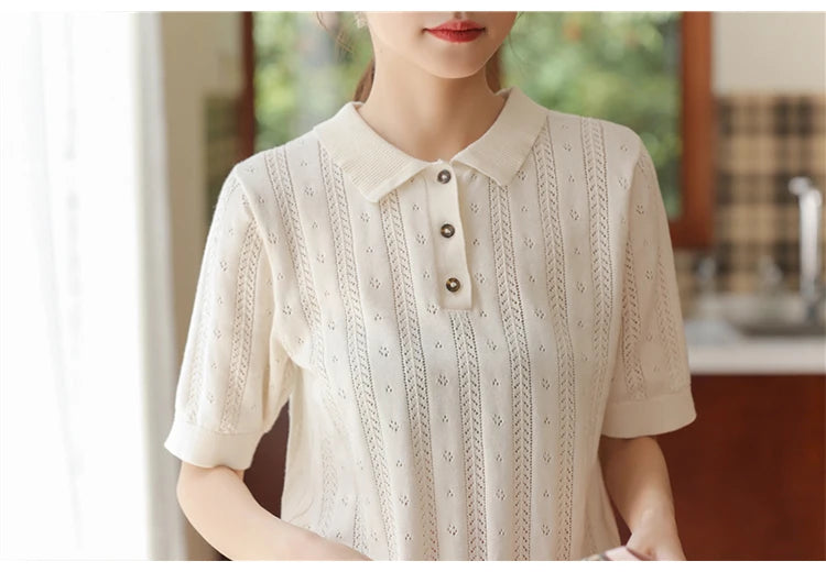 New Summer Fashion 100% Cotton Women Hollow-out Sweater T-shirt Short-sleeve Polo Collar Pullover Tees Korea Casual Knitted Tops