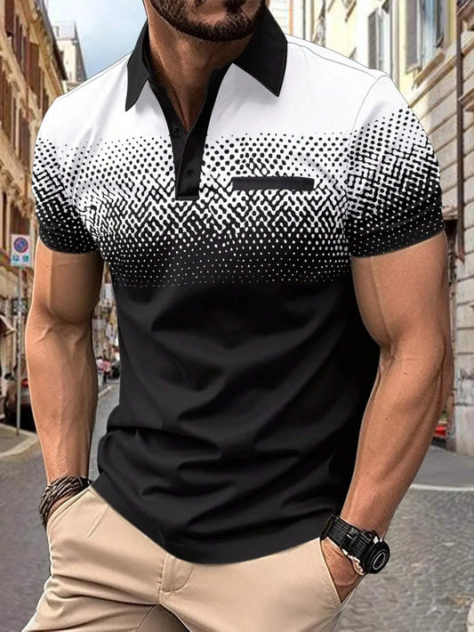 The 2025 summer new men's short-sleeved POLO shirt features a casual and fashionable 3D black dot pattern print
