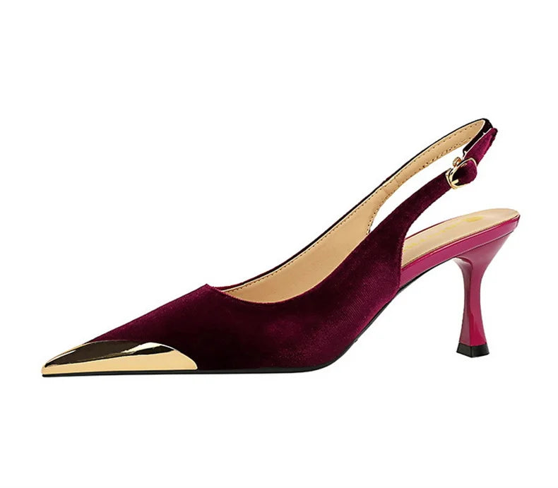 Elegant Women Green High Heel Velvet Pumps Wedding Party Slingback Sandals Metal Pointed Toe Hollow Buckle Wine Red Shoes