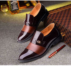 Mens Formal Two Tone Patent Leather Loafers Pointed Toe Slip On Shoes With Metal Buckle Low Heel Comfortable Non Slip Breathable