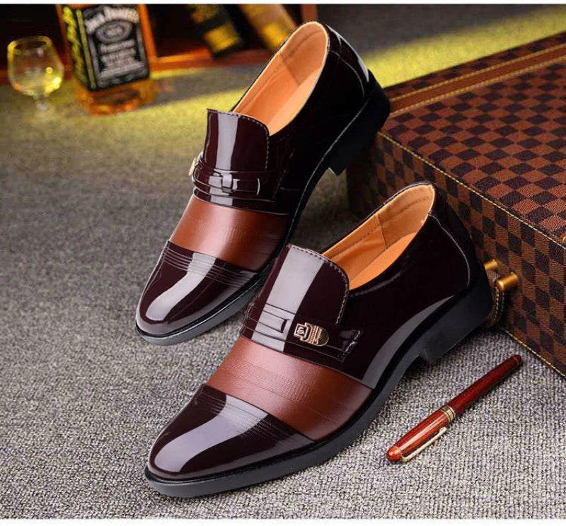Mens Formal Two Tone Patent Leather Loafers Pointed Toe Slip On Shoes With Metal Buckle Low Heel Comfortable Non Slip Breathable
