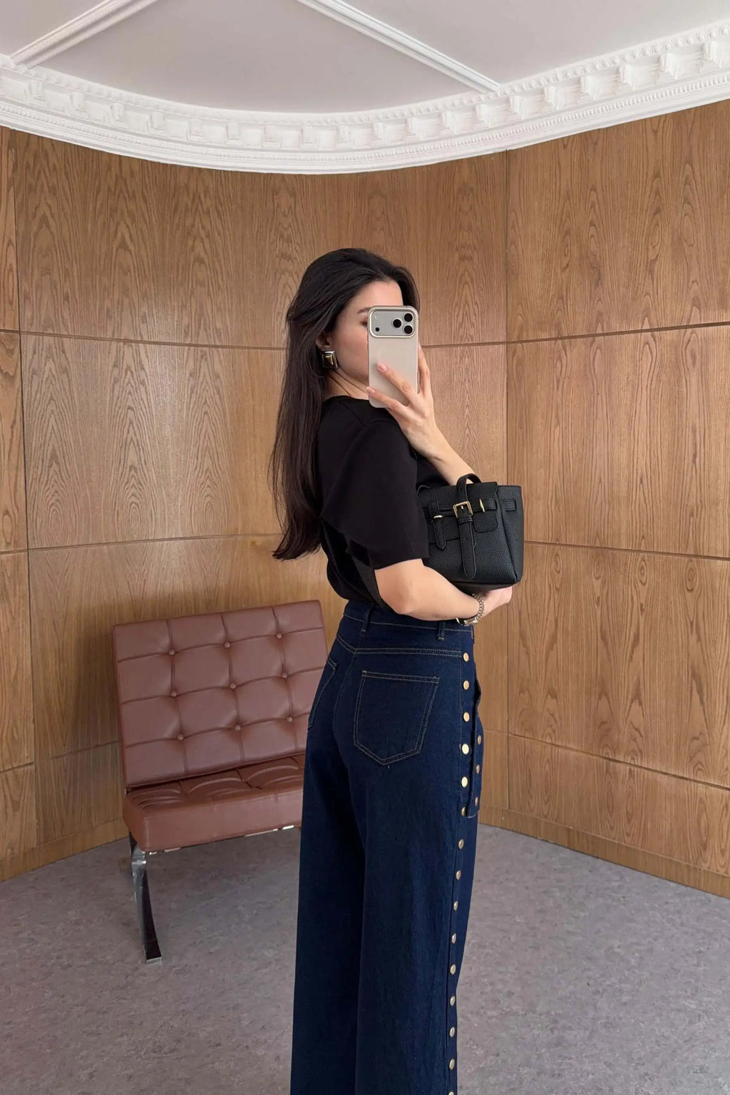 KT 2026 New Women's Dark Blue Wide Leg Jeans Gold Studded Detail High Waist Pocket Decorative Denim Pants