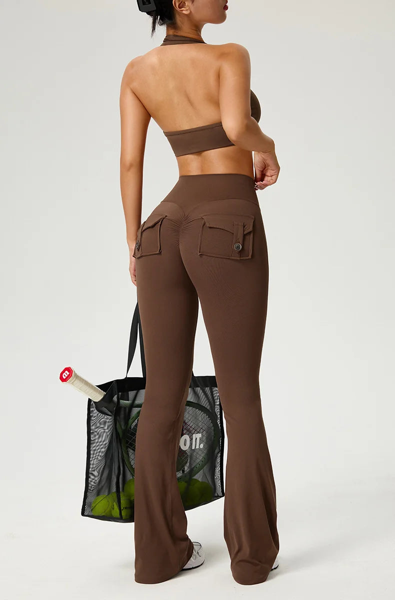 TRY TO BN Yoga Pants Pocket Back Flare Leggings Sports Fitness High Waisted Scrunch Leggings Workout Trousers Gym Woman Clothing