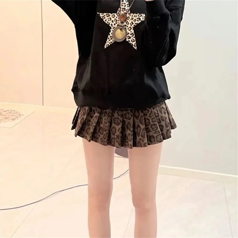 Leopard Print High-Waist Short Skirt Women'S Y2k Sexy Hot Girl New Slim Pleated Skirts Aesthetic High Street Retro A-Line Skirt