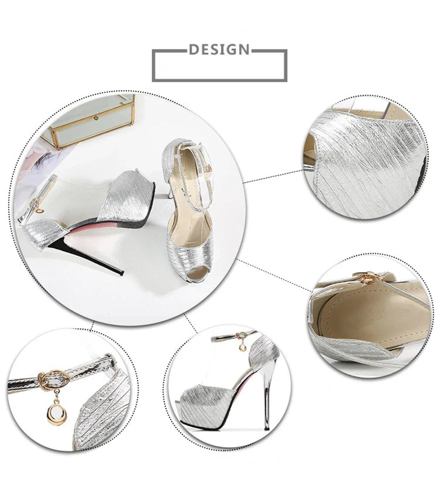 Sexy Super High Heels 14cm Fashion Wrinkled Leather Shoes Women Sandals Summer Peep Toe Platform Metal Buckle Female Pumps Party