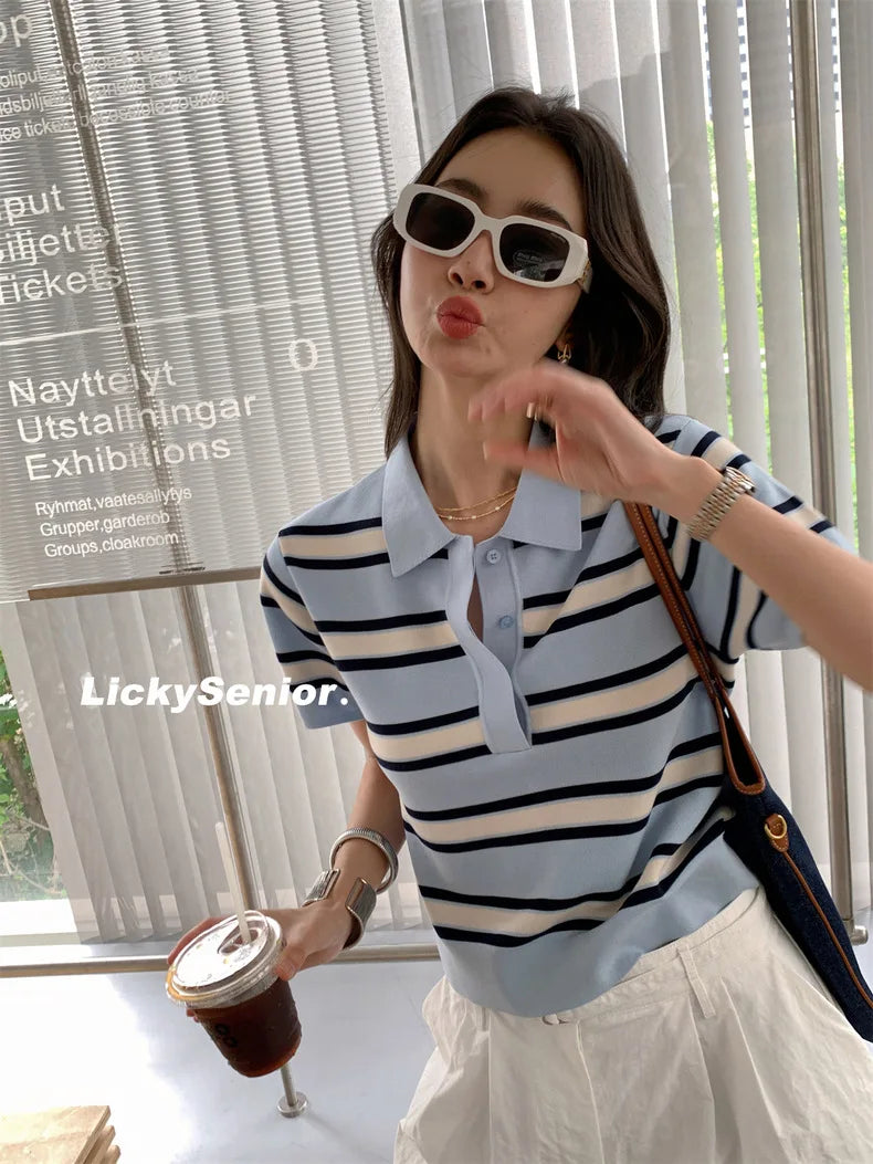 Striped POLO Neck Ice Silk Short Sleeved Women's Summer Thin Fashion Loose Lapel Knit Top