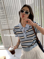 Striped POLO Neck Ice Silk Short Sleeved Women's Summer Thin Fashion Loose Lapel Knit Top