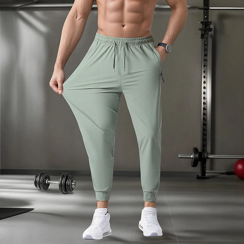 Men's Ice Silk Quick-Dry Pants Summer Lightweight Breathable Joggers with Zipper Pockets Elastic Waist Casual Sports Trousers Fo